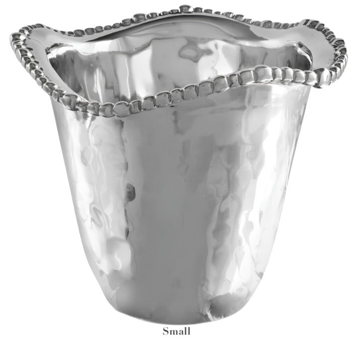 A small, hammered silver aluminum alloy bowl from the Beatriz Ball Organic Pearl Ice Bucket Collection features a wavy, beaded rim and is displayed against a white background.