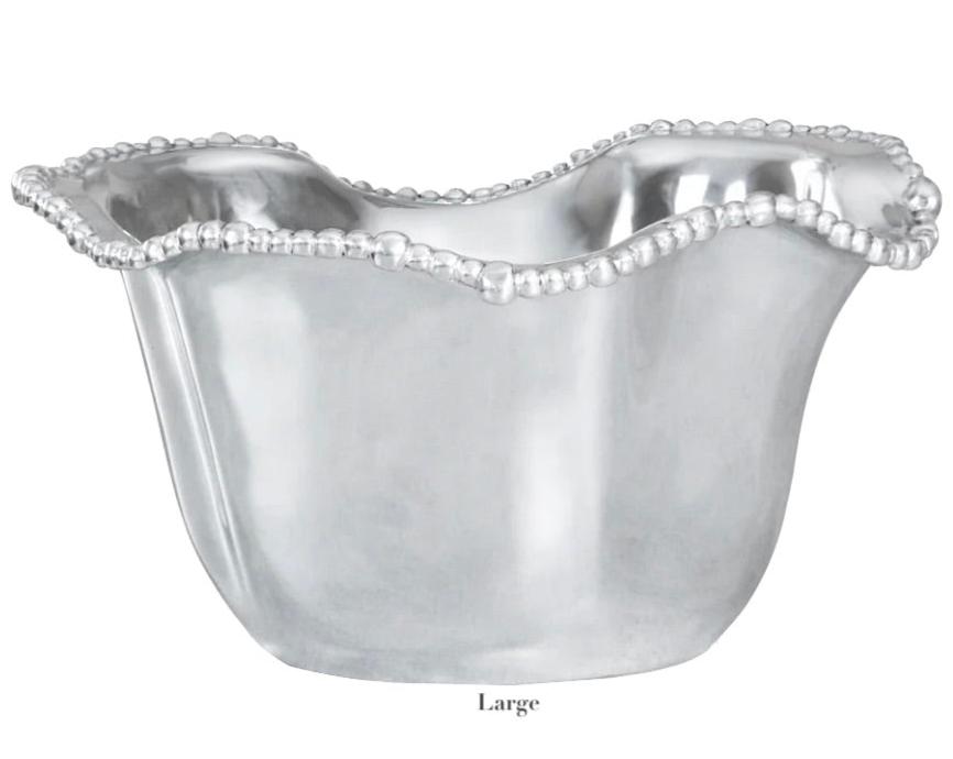 A striking silver ice bucket from the Beatriz Ball Organic Pearl Ice Bucket Collection, crafted in wavy-edged aluminum alloy with a beaded rim, is displayed against a white background.