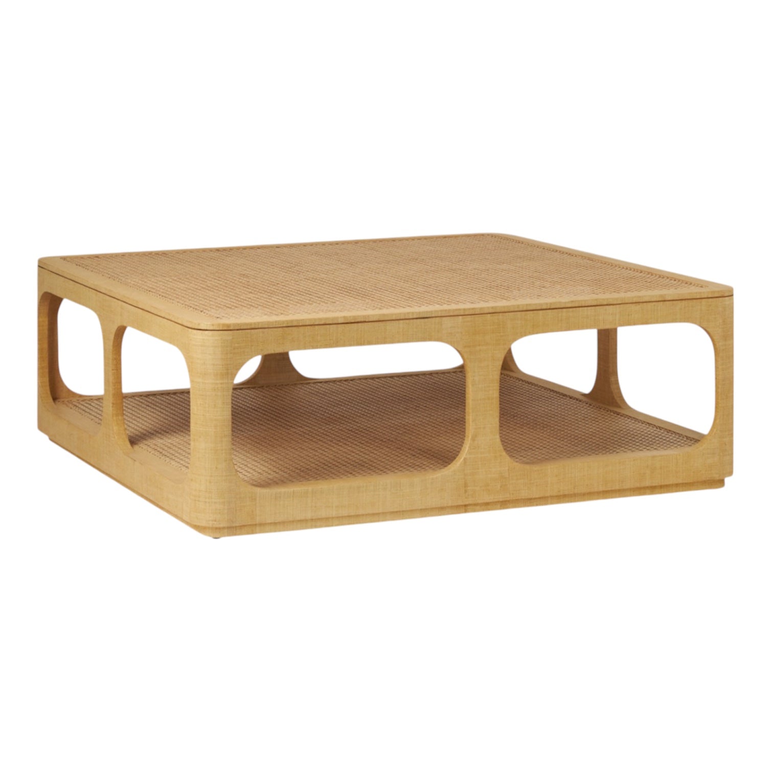 The Fiorenza Coffee Table by Made Goods features a sturdy square frame and open sides, with a cane top and lower shelf in natural raffia for a striking woven look.