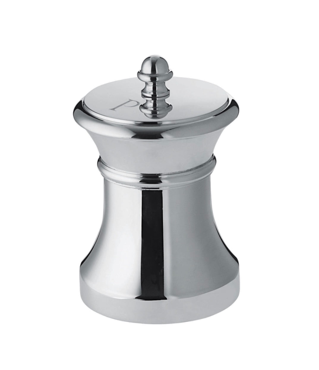 A polished metal pepper grinder from the Ercuis Salt and Pepper Mill Collection, with a mirror-effect finish and "P" engraved on the lid, stands out against a white background.