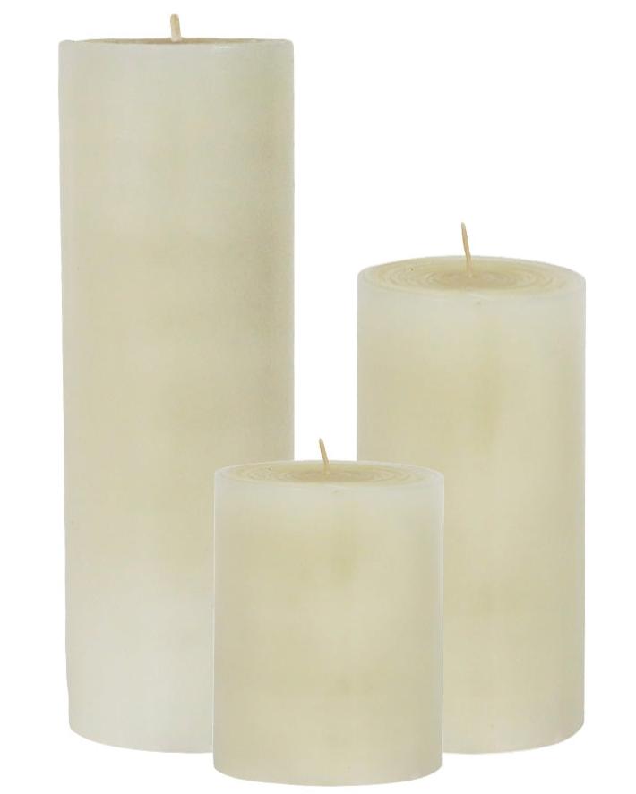 The Perin Mowen Solid Pillar Candle Collection features three unscented white beeswax candles in small, medium, and large sizes, standing upright against a white background for natural candlelight in any setting.