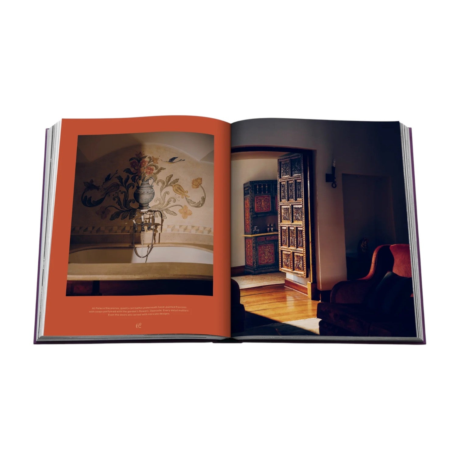 Peru, An Odyssey Across a Time Honored Land by Assouline: Open book reveals interior photos—a wall mural and lamp on the left, wooden door and sunlit furniture on the right—evoking dreams of Peru or a Belmond train to Machu Picchu.