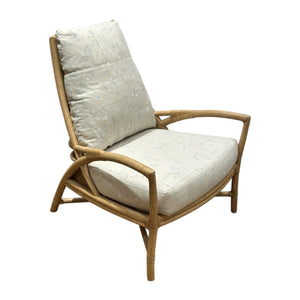 The Petal Lounge Chair by McGuire Furniture features a cushioned seat, light wood frame, and beige patterned upholstery—a sculptural statement piece that stands out against a white background.