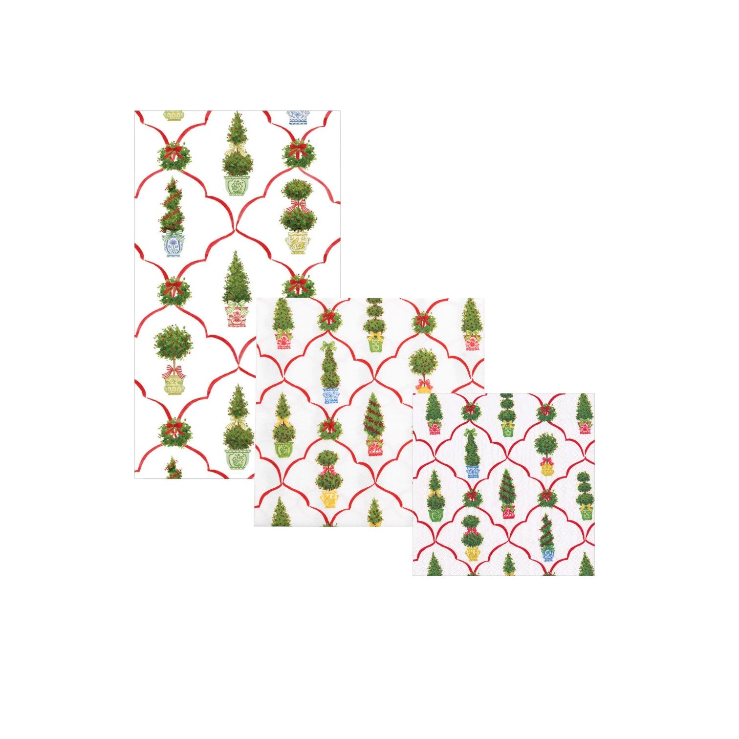 Three white dish towels from Caspari's Petit Jardin De Noel Collection feature green topiary plants in colorful pots and red lattice patterns—ideal for coordinating with festive party plates or paper dinnerware.