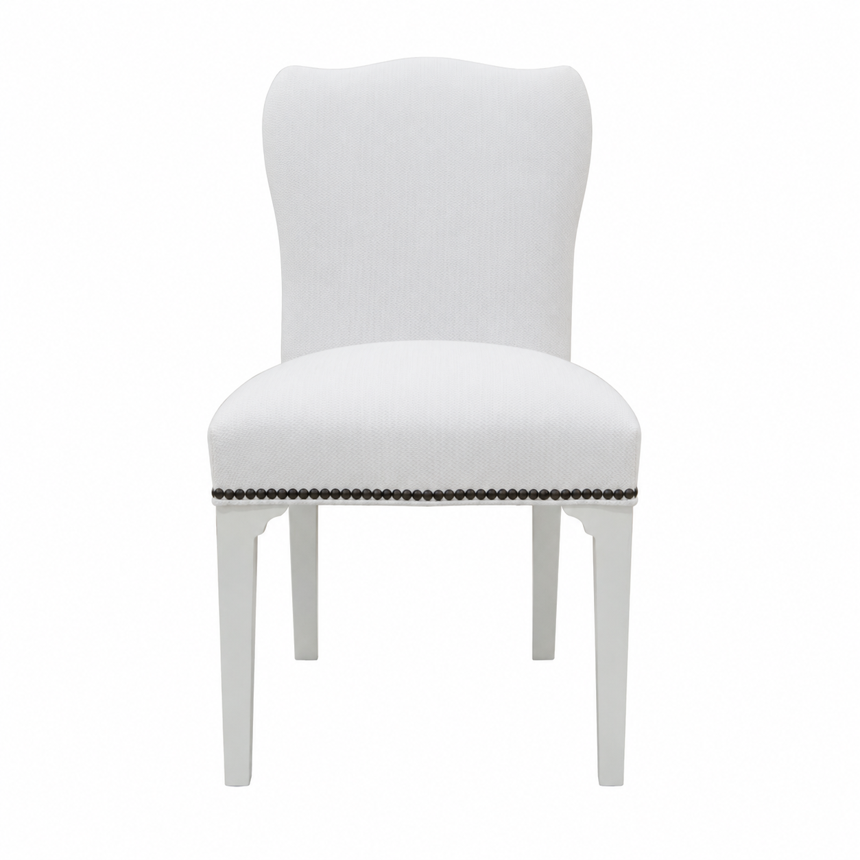 The Hickory Chair Cabriole Dining Chair features a white upholstered back with a gracefully curved backrest, straight legs, and is accented by a row of decorative nailhead trim below the seat.