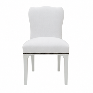 The Hickory Chair Cabriole Dining Chair features a white upholstered back with a gracefully curved backrest, straight legs, and is accented by a row of decorative nailhead trim below the seat.