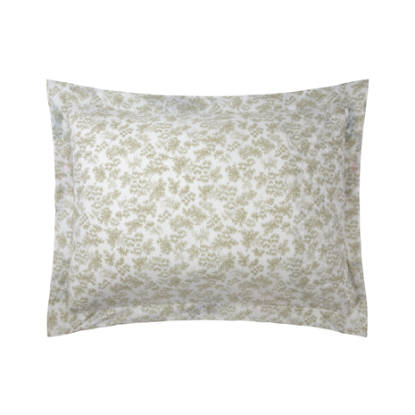 The Naiades Bedding Collection pillow by Yves Delorme features an olive green floral design on white organic cotton, displayed against a plain white background.