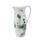 Tall ceramic pitcher with handle from Gien France’s Depareillees Vert Collection, featuring a black and white tropical landscape with palm trees, sailboat, and birds—an elegant table decor piece.