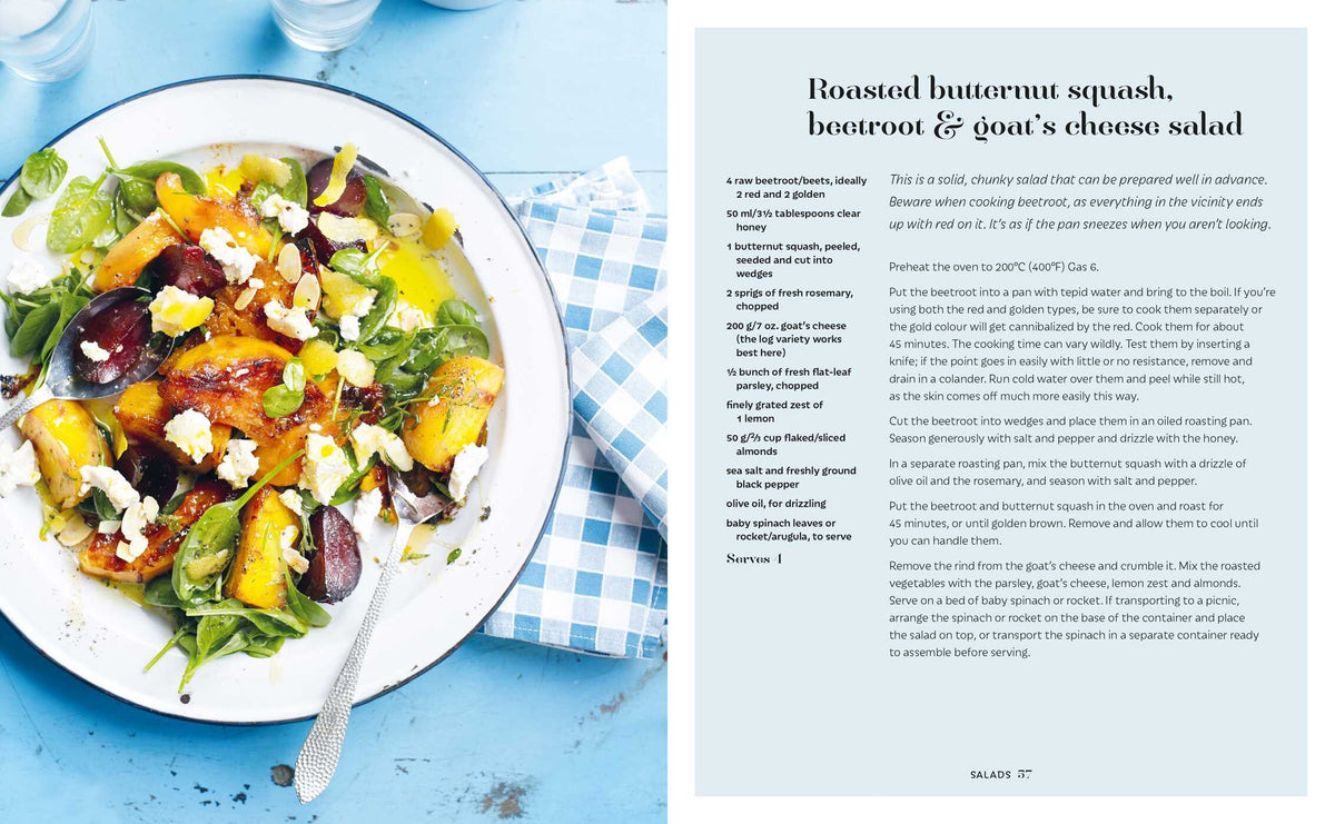 The “Picnic” by Simon & Schuster is pictured here: a vibrant plate of roasted butternut squash, beetroot, goat’s cheese, and fresh salad greens rests on a blue surface beside a checked napkin and fork, with the recipe displayed on the right—making it an excellent pick for summer picnics or alfresco dining.