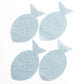 Four light blue fish-shaped Piecework Sardine Cocktail Napkins, two with a scale pattern and two with a striped pattern.