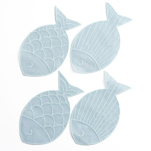 Four light blue fish-shaped Piecework Sardine Cocktail Napkins, two with a scale pattern and two with a striped pattern.