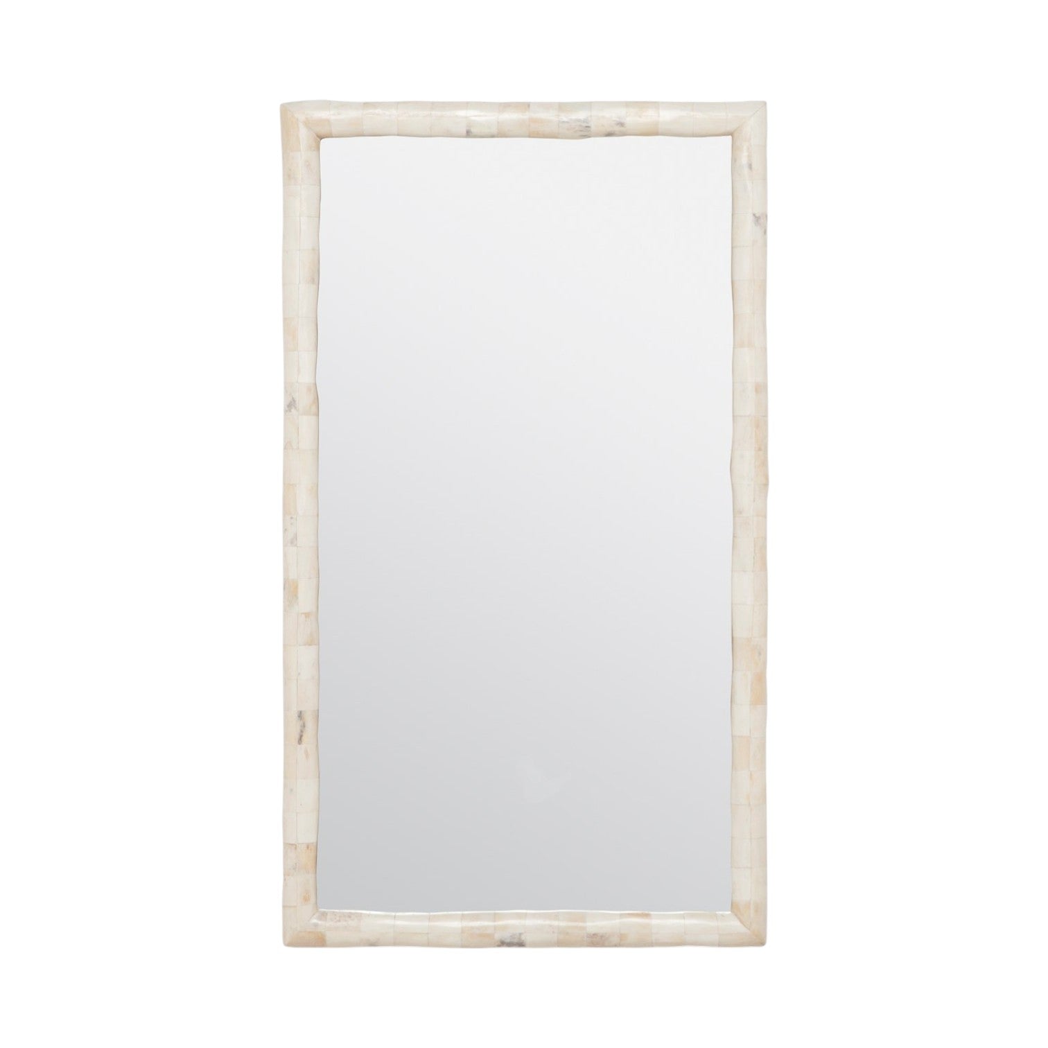 The Pierson Mirror in Polished Bone by Made Goods features a rectangular shape with a light-colored, textured frame, displayed against a plain white background.