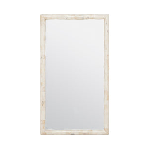 The Pierson Mirror in Polished Bone by Made Goods features a rectangular shape with a light-colored, textured frame, displayed against a plain white background.