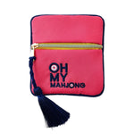 Introducing the Coin & Dice Bag from Oh My Mahjong—a Strawberry Pink square zippered pouch with “OH MY MAHJONG” embroidered in navy, accented with a navy tassel on the zipper and navy trim along the edges. Perfect for storing your Mahjong coins or dice!.