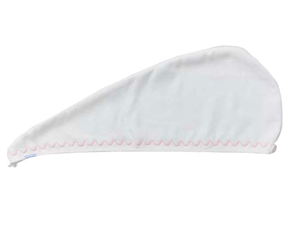The Weezie Towels Hair Towel Wrap is a white microfiber towel with a pointed end and pink zigzag edging, shown flat on a white background—ideal for customizable hair care routines.