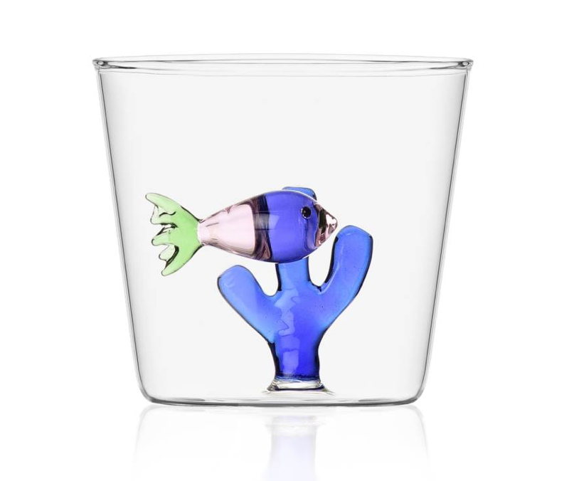 From Ichendorf Milano's Marine Garden Drinkware Collection, this clear glass tumbler features a handmade blue coral and a glass fish attached inside the bottom.