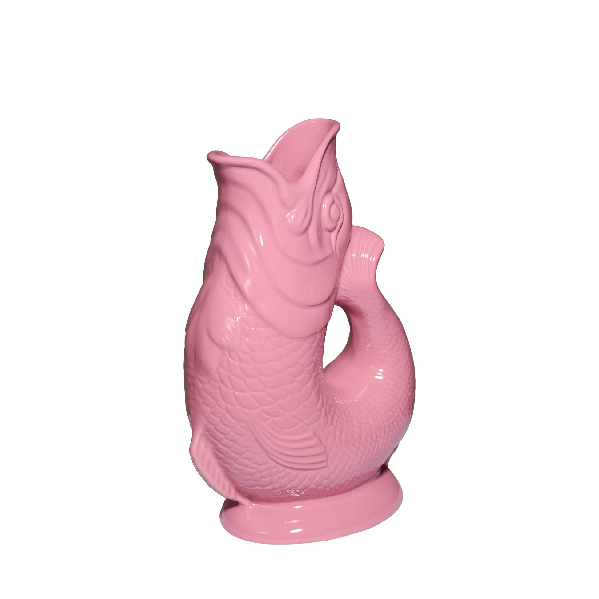 The Original Gluggle Jug’s Fish Gluggle Jug Collection features pink ceramic fish-shaped jugs with open mouths, detailed scales, and fins—an iconic British design, handmade in England.