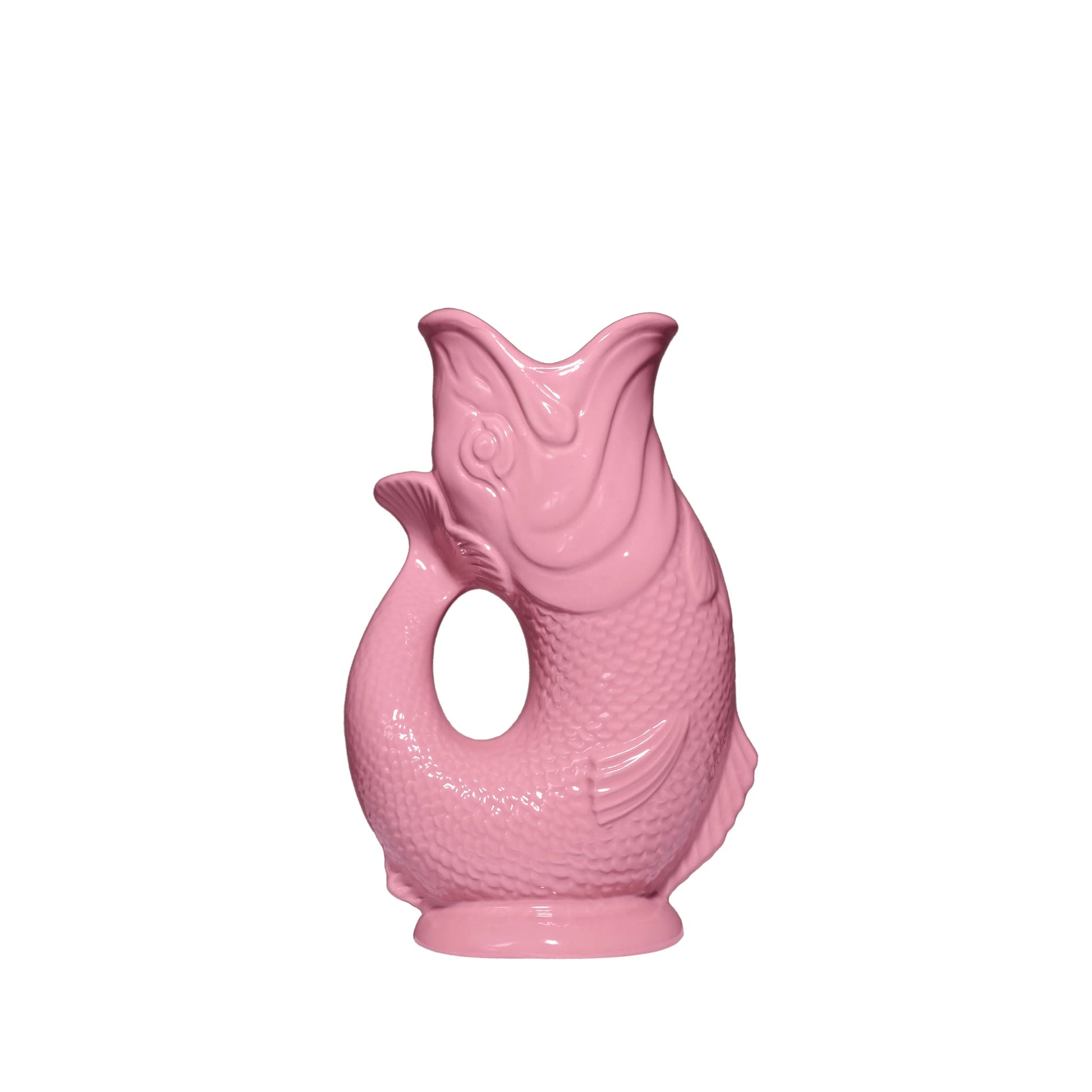 The Original Gluggle Jug’s Fish Gluggle Jug Collection features handmade pink ceramic vases shaped like fish with open mouths and scale texture—a classic British design icon crafted in England.