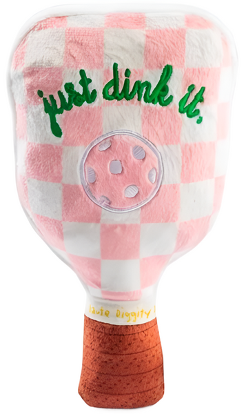 A Haute Diggity Dog Pink Checker Pickleball Paddle Plush Toy for dogs with the phrases "just dink it." and "late dinkety" written on it.