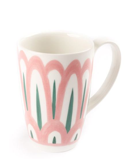 Themis Z Symi Green and Pink Collection ceramic mug from the handcrafted collection with pink and green abstract design on a white background.