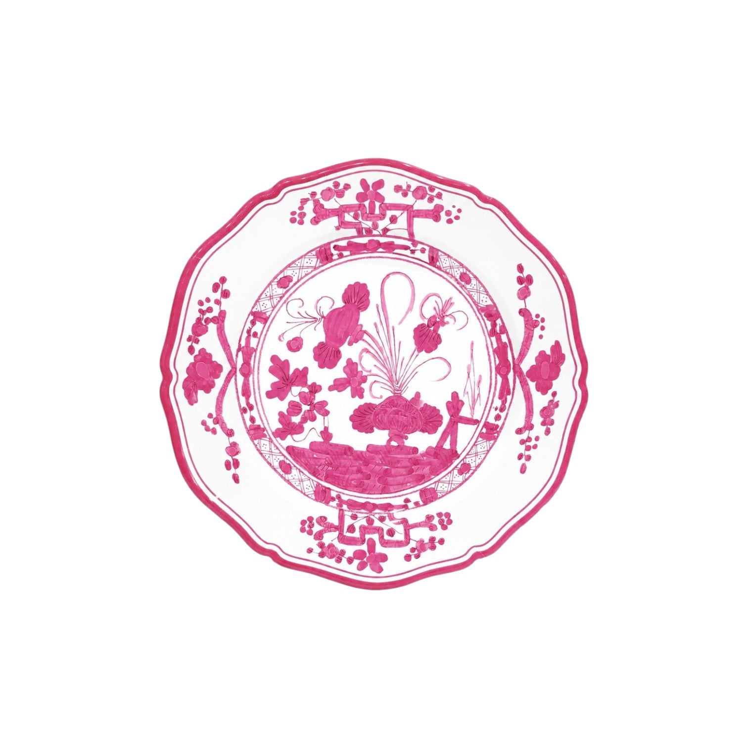 The Beatriz Ball Vida Faenza Melamine Dinnerware features a white plate with a scalloped edge, intricate pink floral and geometric patterns, inspired by Italian design. Part of the Faenza Dinnerware and Placemat Collection.