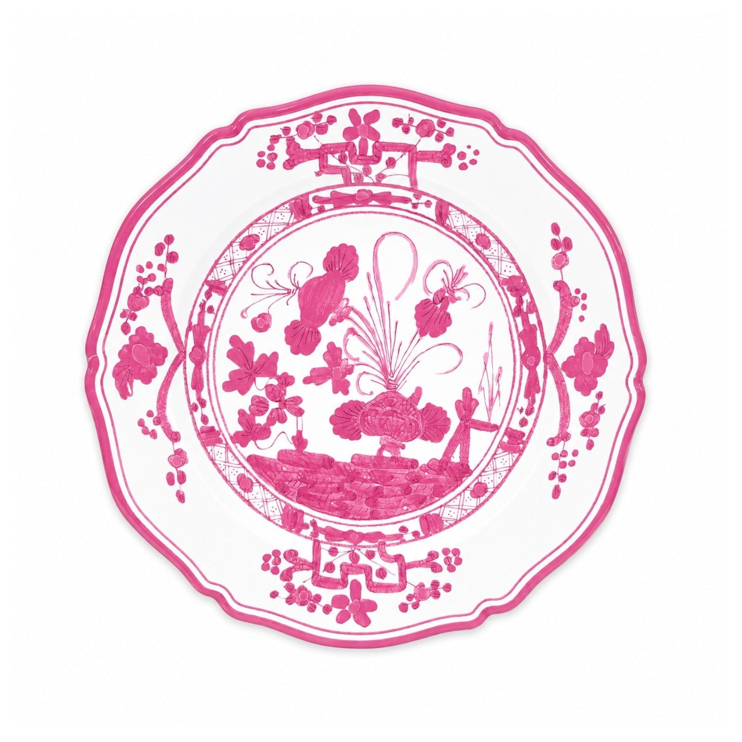 The Beatriz Ball Vida Faenza Melamine Dinnerware features a scalloped white plate with pink floral and botanical patterns, inspired by Italian designs, from the Dinnerware and Placemat Collection.