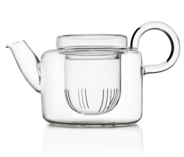The Ichendorf Milano Piuma Small Teapot with Filter features clear glass, a round handle, short spout, and built-in filter for elegant tea brewing, shown against a white background.