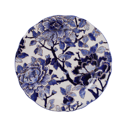 Round ceramic plate from Gien France’s Pivoines Bleues Dinnerware and Serveware Collection, hand-painted with blue peonies and bold leaves on white, inspired by archival designs.