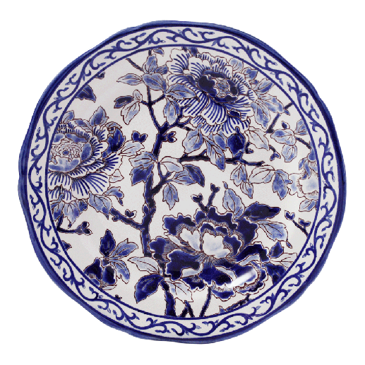 Round ceramic plate from the Pivoines Bleues Dinnerware Collection by Gien France, featuring a blue and white floral design with large Blue Peonies, leaves, and a decorative border inspired by the brand’s prestige archives.