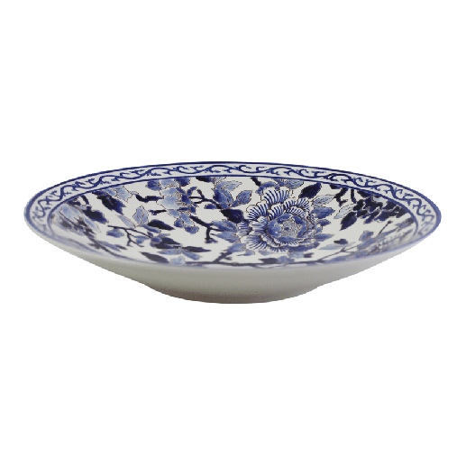 A shallow ceramic bowl from the Pivoines Bleues Dinnerware and Serveware Collection by Gien France, featuring hand-painted blue peony floral patterns and a decorative border on a white background.