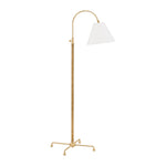 The Curves No.1 Floor Lamp by Hudson Valley Lighting features a curved arm, adjustable height, white cone-shaped shade, and tripod base with decorative feet—perfect for adding ambient light to upscale interiors.