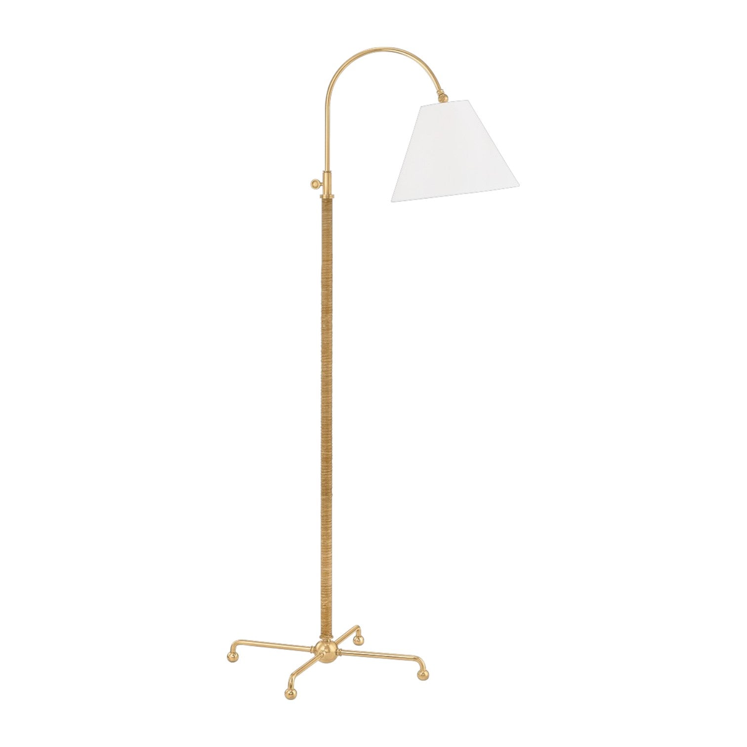 The Curves No.1 Floor Lamp by Hudson Valley Lighting features a curved arm, adjustable height, white cone-shaped shade, and tripod base with decorative feet—perfect for adding ambient light to upscale interiors.