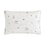 The Gooselings Little Toy Chest Bedding Collection features a rectangular white kids pillow with a light gray border and playful rocking horses, blocks, balls, kites, and blue crowns—perfect for cozy children’s bedding and sweet dreams.