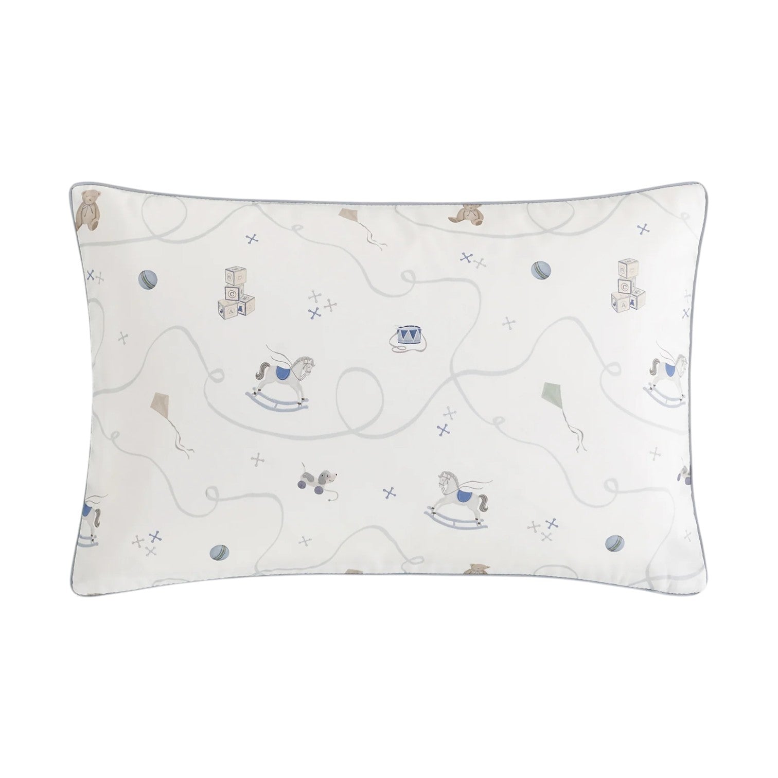 The Gooselings Little Toy Chest Bedding Collection features a rectangular white kids pillow with a light gray border and playful rocking horses, blocks, balls, kites, and blue crowns—perfect for cozy children’s bedding and sweet dreams.