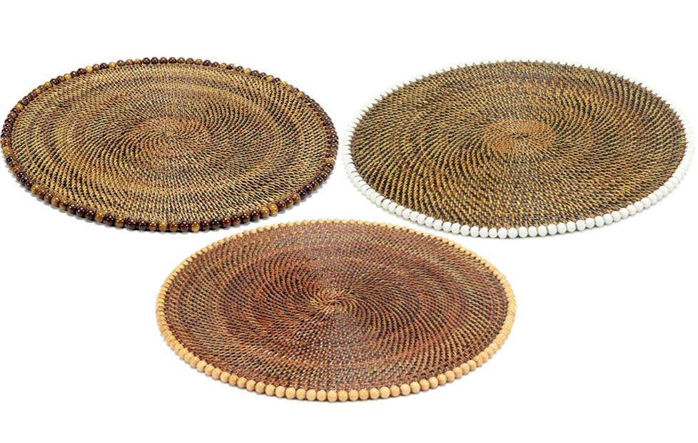 Three Calaisio Round Placemats, handcrafted from natural vines with beaded edges in brown, tan, and white, are displayed side by side on a white background.