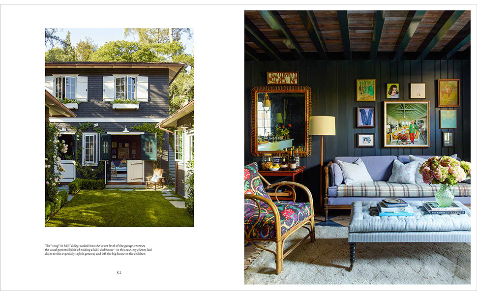 Left: The cover of “A Place To Call Home” by Rizzoli features a dark wood house with white trim surrounded by a lush garden, radiating timeless charm. Right: Inside, discover cozy living rooms with gray sofas, colorful armchairs, artwork set against dark walls, and large mirrors above lamps.