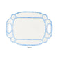 Rectangular white platter with light blue trim and two handles, viewed from above, labeled "Platter" underneath; part of the Melamine Bamboo Dinnerware Collection by Two's Company and made of shatter-resistant melamine.