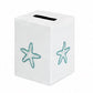 A white rectangular box with a slot on top, featuring two blue starfish illustrations from the Playful Starfish Bath Collection by Haute Home—an elegant accent that brings coastal charm to your home décor, reminiscent of the timeless appeal of premium linen.