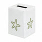 Add a touch of elegance to your home décor with the Haute Home Playful Starfish Bath Collection: a white rectangular box featuring a coin slot on top and two charming green starfish designs on the sides.