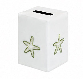 Add a touch of elegance to your home décor with the Haute Home Playful Starfish Bath Collection: a white rectangular box featuring a coin slot on top and two charming green starfish designs on the sides.