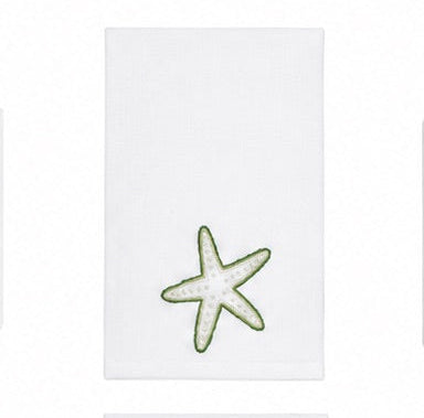 Experience the Playful Starfish Bath Collection by Haute Home—a white hand towel made from premium linen, adorned with a beautifully embroidered green and white starfish near the bottom center, perfect for elevating your home décor.