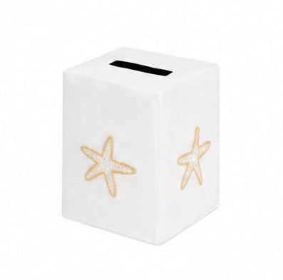 Elevate your home décor with the Playful Starfish Bath Collection by Haute Home—a sophisticated white rectangular tissue box cover, crafted from premium linen and adorned with beige starfish designs on the sides, featuring a convenient top slot for easy tissue dispensing.