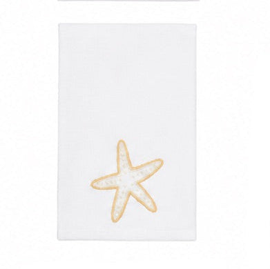 Introducing the Playful Starfish Bath Collection by Haute Home: a white towel made from premium linen, adorned with an embroidered yellow starfish near one corner. Displayed against a crisp white background, it’s an elegant and playful accent for your home décor.