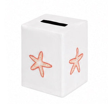 Introducing the Haute Home Playful Starfish Bath Collection: a white rectangular piggy bank adorned with two orange starfish illustrations and a convenient coin slot on top—a whimsical piece of décor that brings playful charm to any room.