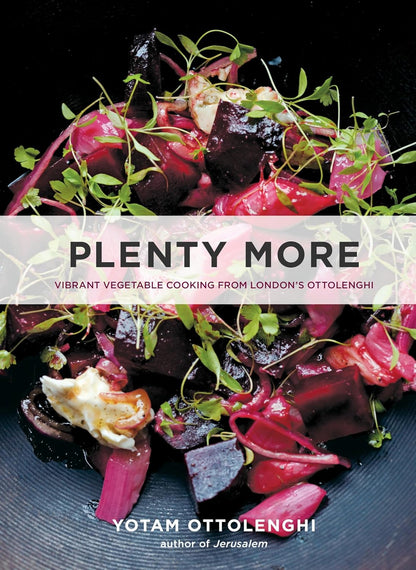 Cover of “Plenty More, Vibrant Vegetable Cooking” by Penguin Random House, displaying a colorful vegetable salad with greens, beets, and cheese on a dark plate—a vibrant introduction to the inventive vegetarian recipes inside.