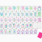 Oh My Mahjong Mahjong Tile Collection with hand-painted colorful illustrations of flowers, animals, buildings, and symbols arranged in a grid, with one plain pink tile placed to the side.