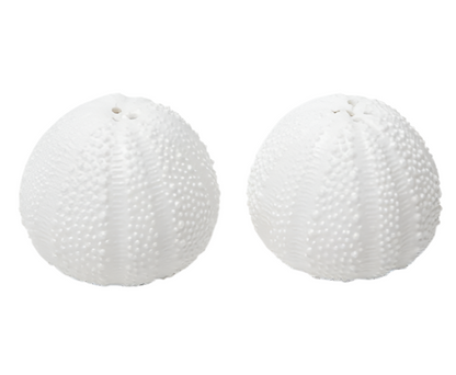 The Blue Pheasant Marina White Salt and Pepper Shaker Set includes two round, textured porcelain shakers with a sea urchin-inspired design and a small hole at the top.