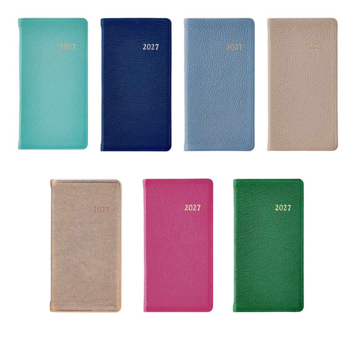 Seven Graphic Image 2027 Pocket Datebooks in a variety of colors—teal, navy, light blue, beige, gold, pink, and green—are displayed in two neat rows on a white background. Ideal as a personal pocket journal or compact pocket diary, these planners are thoughtfully designed to help keep you organized all through 2027.