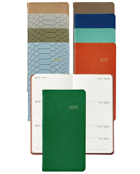 Assortment of Graphic Image 2025 Pocket Calendars in various colors, with some closed and one open to display weekly calendar pages from July 15 to July 21. Perfectly sized as a personal pocket diary or pocket journal.