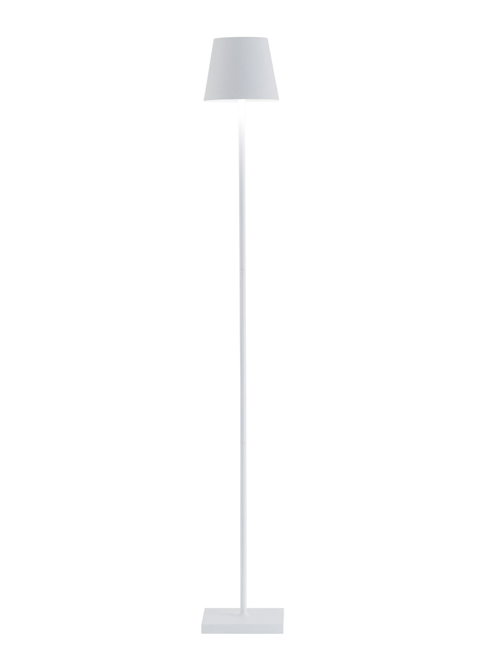 The Poldina Pro L Floor Lamp by Zafferano America, featuring a slim white cordless design with touch dimming, a conical shade, and rectangular base, stands against a plain white background.